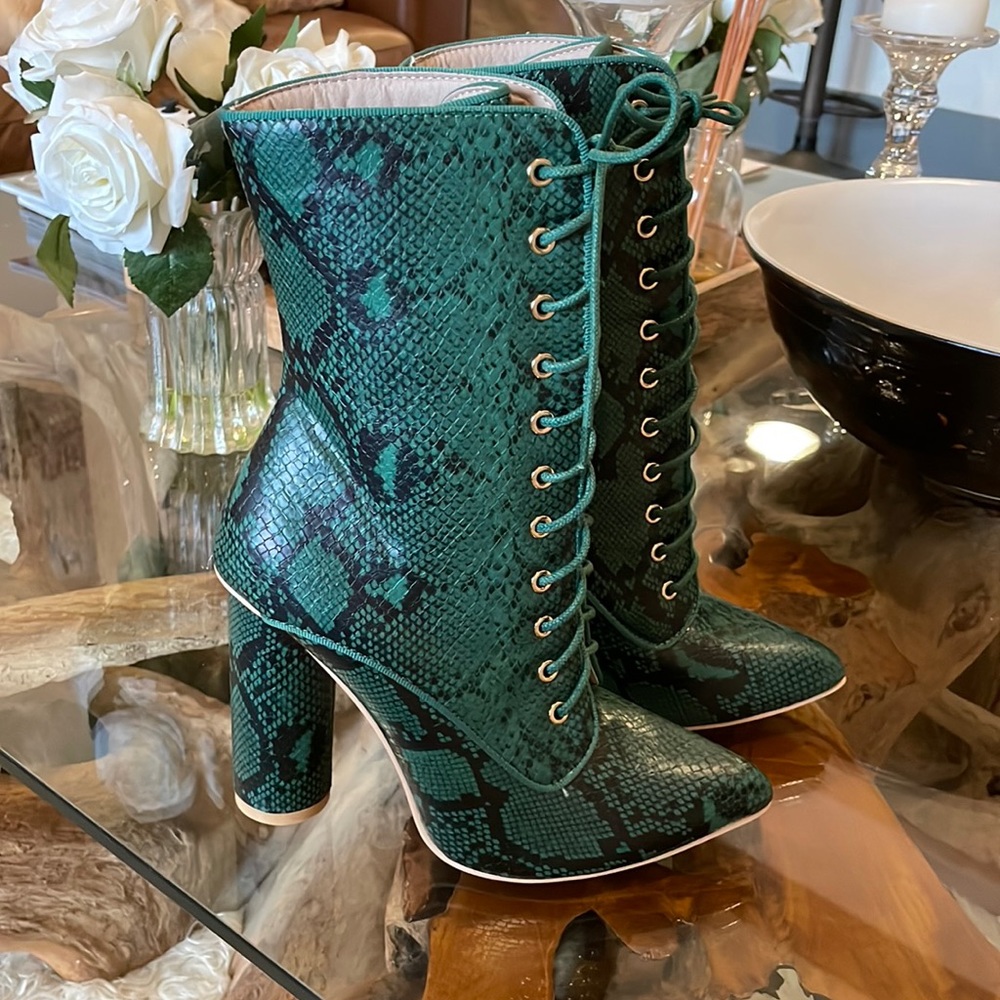Never worn green & black heeled booties.